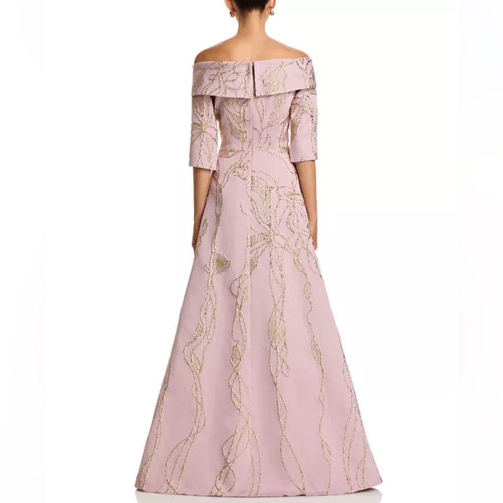 Teri Jon By Rickie Freeman Jacquard Folded Off-The-Shoulder Elbow Sleeve Gown 8 - Picture 4 of 10